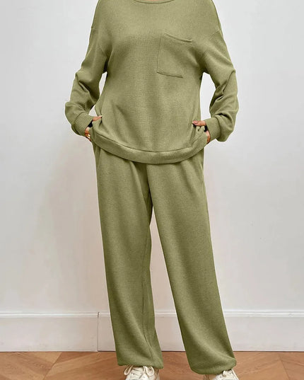 Pocketed Two-Piece Round Neck Lounge Set with Pants