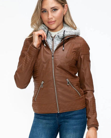 YMI Faux Layered Double-Zipper Jacket with Fuzzy Hood - ShopEasier