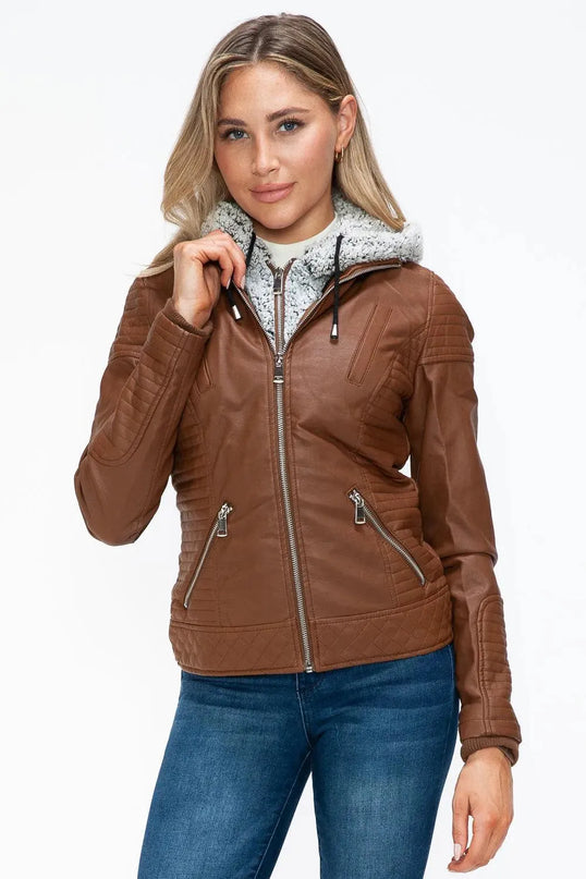 YMI Faux Layered Double-Zipper Jacket with Fuzzy Hood - ShopEasier