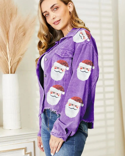 Chaqueta de Papá Noel con dobladillo sin rematar y adornos de lentejuelas