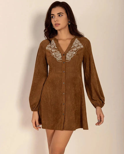 Notched Button Down Long Sleeve Mini Dress