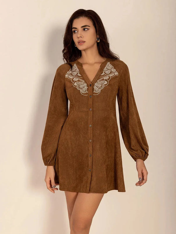 Notched Button Down Long Sleeve Mini Dress