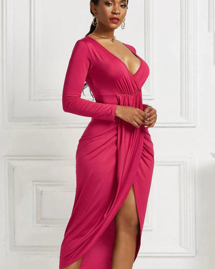 High-low Ruched Surplice Long Sleeve Dress