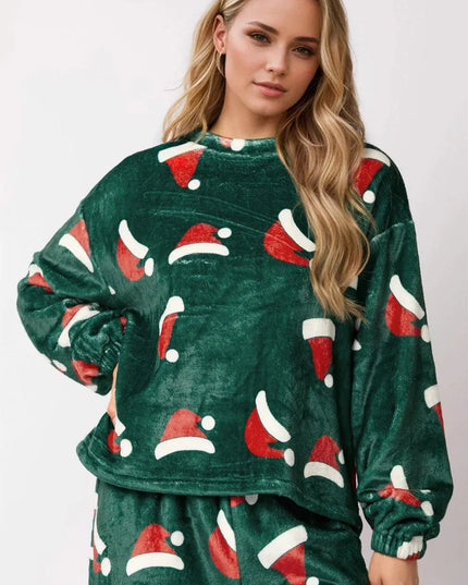 Christmas Hat Pattern Round Neck Long Sleeve Top and Pants Set