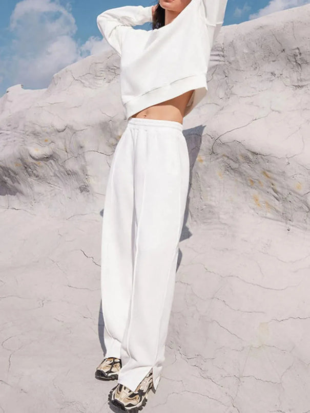 Round Neck Long Sleeve Top and Elastic Waist Pants Set - ShopEasier