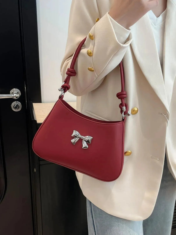 Knotted Strap PU Leather Bow Handbag