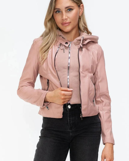 Snobbish Faux Leather Zip Up Drawstring Hooded Jacket - ShopEasier