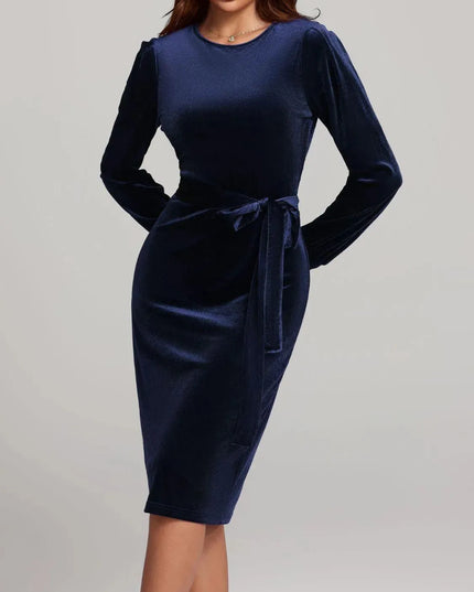 Round Neck Tie Waist Long Sleeve Velvet Dress - ShopEasier