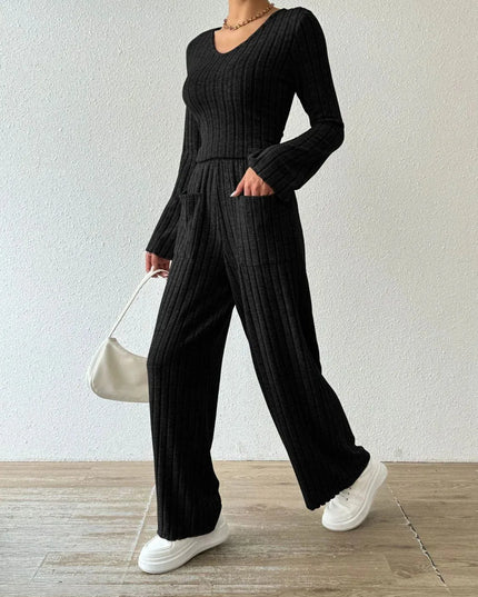 V-Neck Ribbed Long Sleeve Top with Pocketed Trousers Set