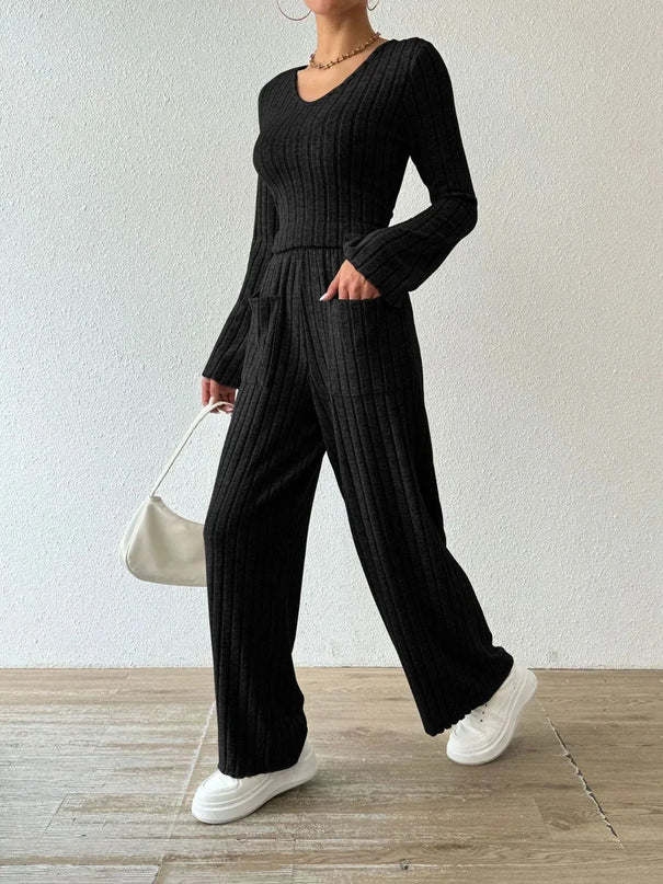 V-Neck Ribbed Long Sleeve Top with Pocketed Trousers Set