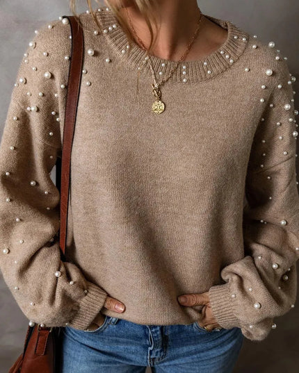 Elegant Pearl-Embellished Long Sleeve Knit Sweater