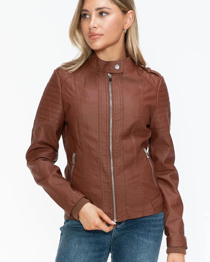 Snobbish PU Leather Biker Jacket with Side Zip Pockets - ShopEasier