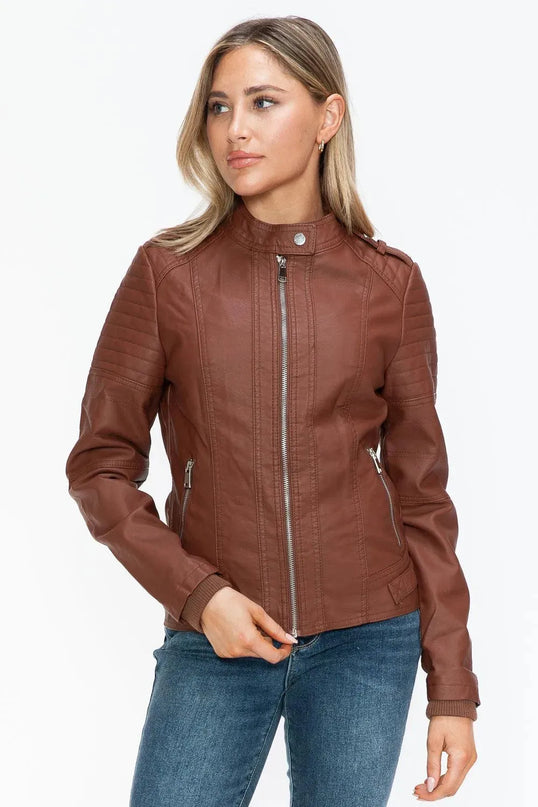 Snobbish PU Leather Biker Jacket with Side Zip Pockets - ShopEasier