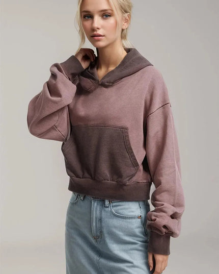 Cropped Cotton Hoodie with Kangaroo Pocket and Long Sleeves