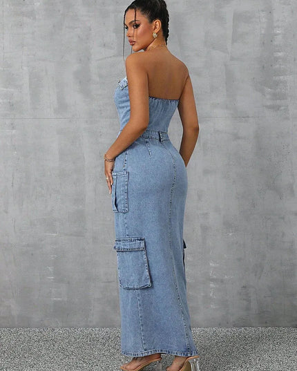 Slit Half Button Tube Denim Dress - ShopEasier