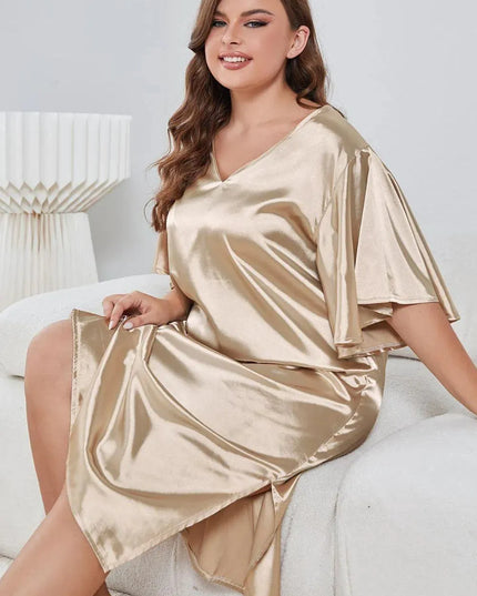 Plus Size Flutter Sleeve V-Neck Side Slit Night Gown