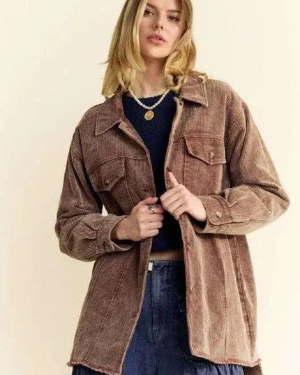 Trendy Washed Corduroy Raw Hem Button-Up Jacket by Davi & Dani