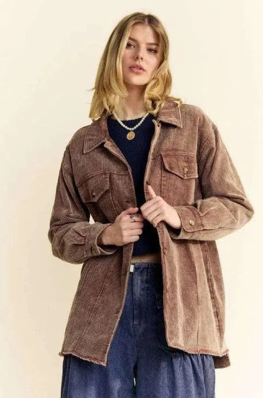 Trendy Washed Corduroy Raw Hem Button-Up Jacket by Davi & Dani