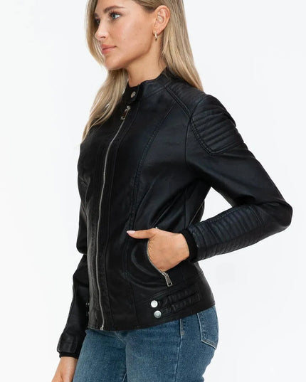 Snobbish Faux Leather Biker Jacket with Side Zip Pockets - ShopEasier