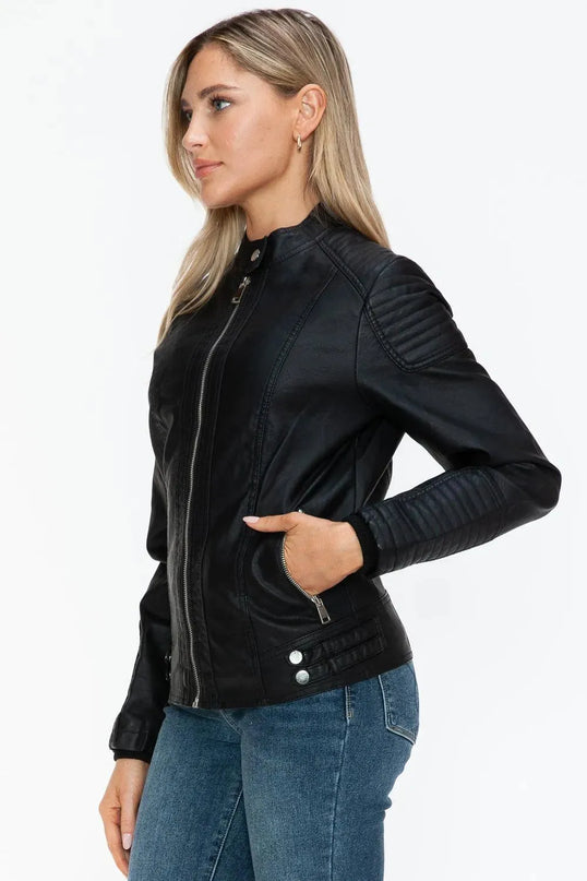 Snobbish Faux Leather Biker Jacket with Side Zip Pockets - ShopEasier