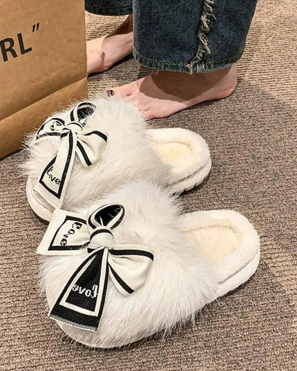 Faux Fur Bow Adorned Round Toe Slippers