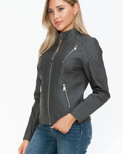 Snobbish Faux Leather Zip Up Mock Neck Jacket - ShopEasier