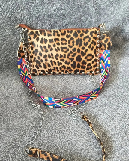 Bolso de hombro elegante de piel sintética con estampado de leopardo y cuadros escoceses con tachuelas