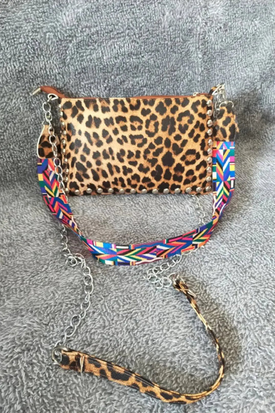 Bolso de hombro elegante de piel sintética con estampado de leopardo y cuadros escoceses con tachuelas