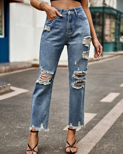 Distressed Raw Hem Jeans with Pockets - ShopEasier