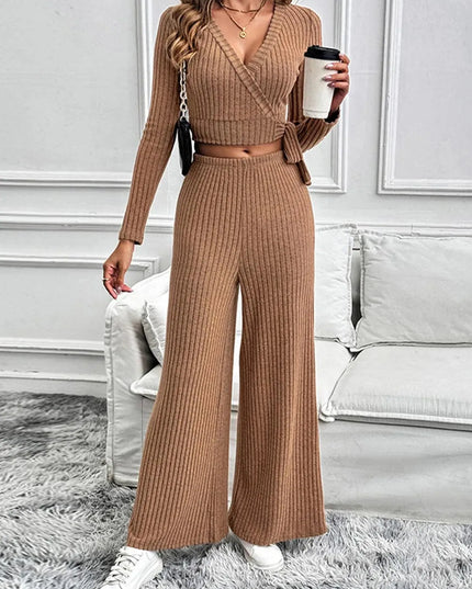 Chic Tied Long Sleeve Top and Pants Ensemble