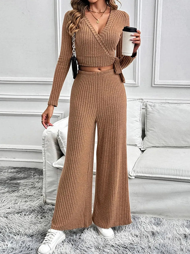 Chic Tied Long Sleeve Top and Pants Ensemble