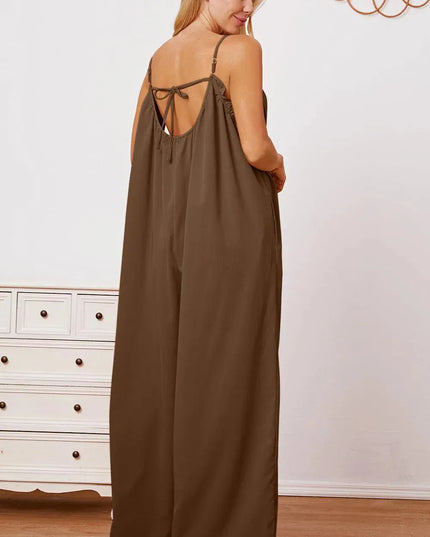 Double Take Full Size Ruffle Trim Tie Back Cami Jumpsuit with Pockets - ShopEasier