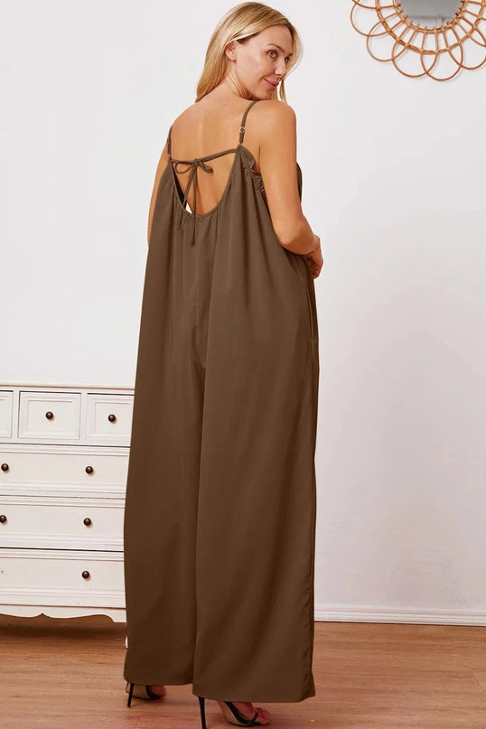 Double Take Full Size Ruffle Trim Tie Back Cami Jumpsuit with Pockets - ShopEasier