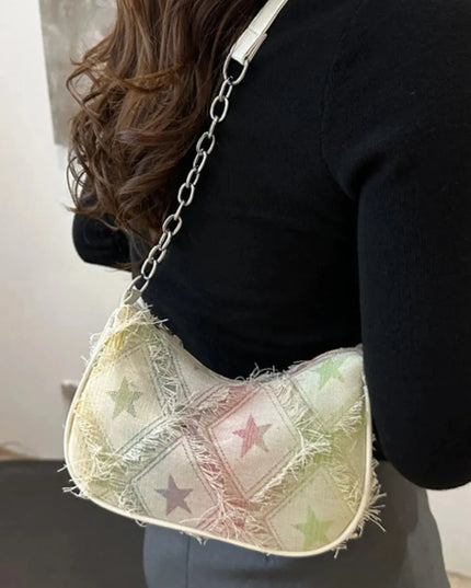 Bolso de hombro con estampado de estrellas y flecos