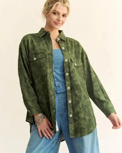 Davi & Dani Curved Hem Diamond Quilted Button Up Denim Shacket - ShopEasier