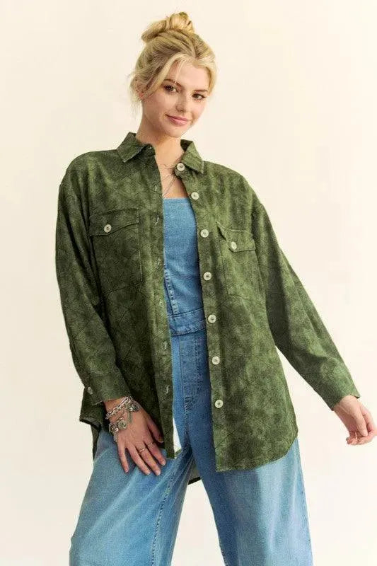 Davi & Dani Curved Hem Diamond Quilted Button Up Denim Shacket - ShopEasier