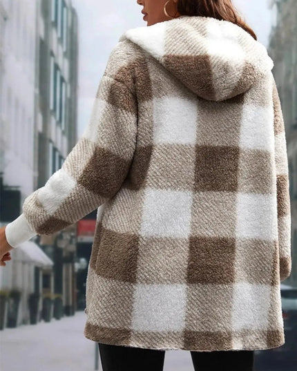 Plaid Long Sleeve Hooded Coat - ShopEasier