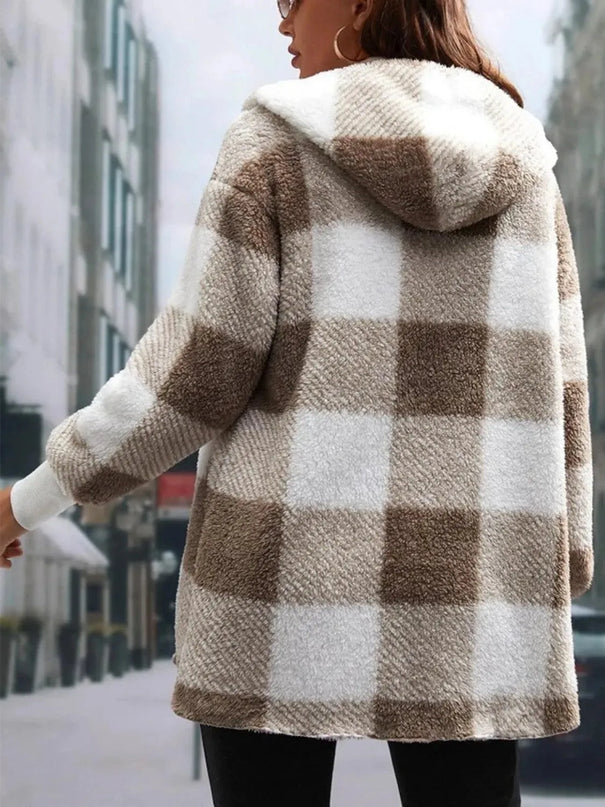 Plaid Long Sleeve Hooded Coat - ShopEasier