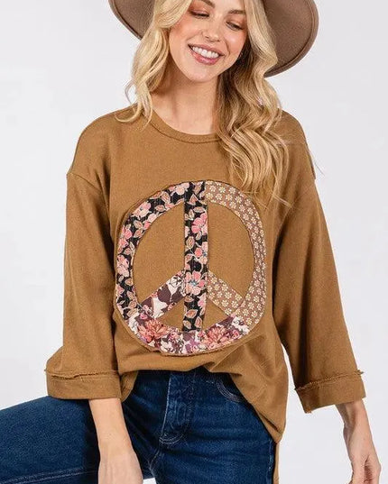 Vintage-Inspired Floral Peace Applique Round Neck Tee