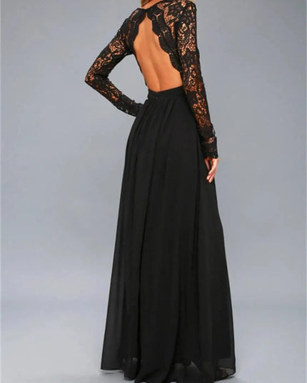 Lace Detail Backless Long Sleeve Maxi Dress - ShopEasier