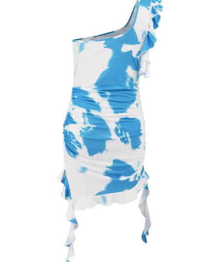 Ruffled Tie-Dye Single Shoulder Mini Dress