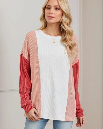 Textured Contrast Long Sleeve Round Neck Tee