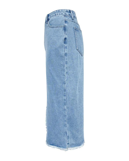 Raw Hem Slit Midi Denim Skirt - ShopEasier