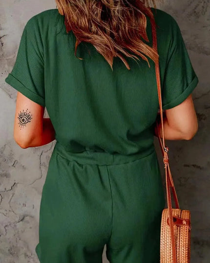 Full Size Drawstring V-Neck Short Sleeve Romper - ShopEasier