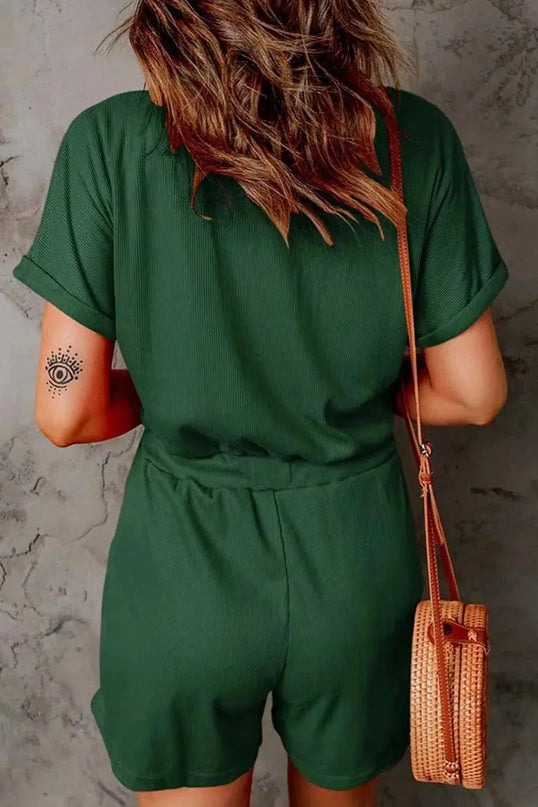 Full Size Drawstring V-Neck Short Sleeve Romper - ShopEasier