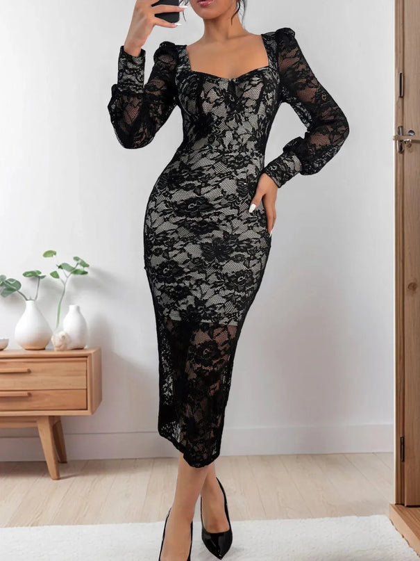 Perfee Lace Sweetheart Neck Long Sleeve Midi Dress