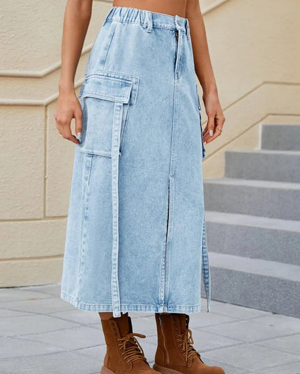 High-Waisted Denim Skirt with Slit Pockets