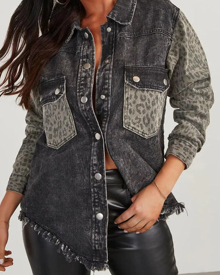 Raw Hem Leopard Snap Down Denim Jacket - ShopEasier