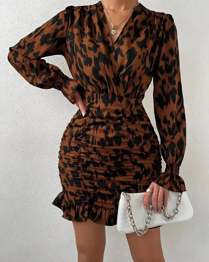 Ruched Ruffled Leopard Surplice Long Sleeve Dress - ShopEasier