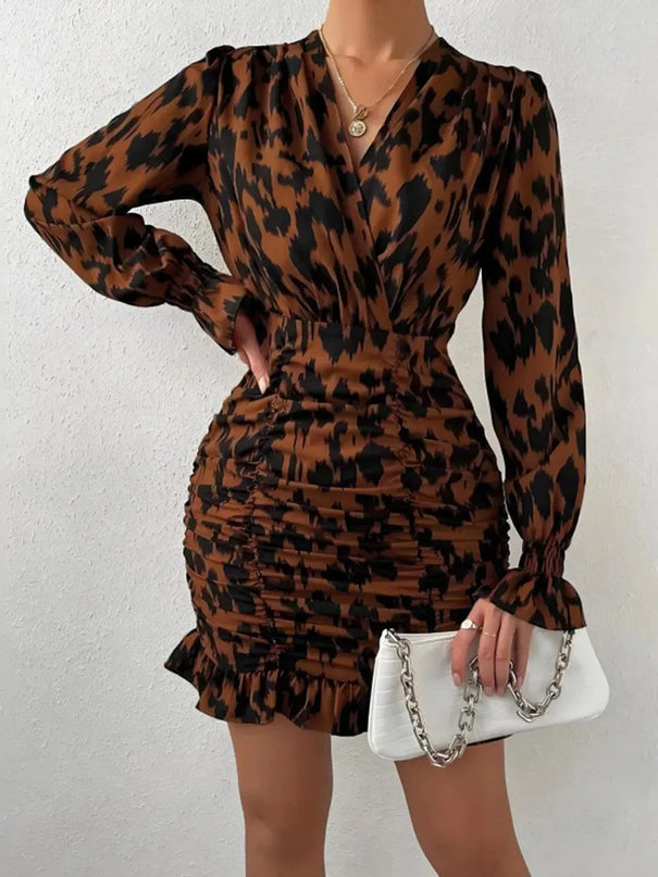 Ruched Ruffled Leopard Surplice Long Sleeve Dress - ShopEasier